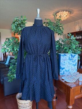 GAP NWT Navy Blue Dress with Blue Dot Print Long Sleeve Tie-Waist Fits Small-Med